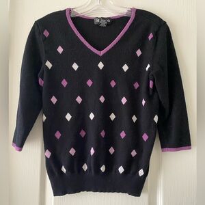 Style & Co V-Neck Sweater Black w. Purple, Size M